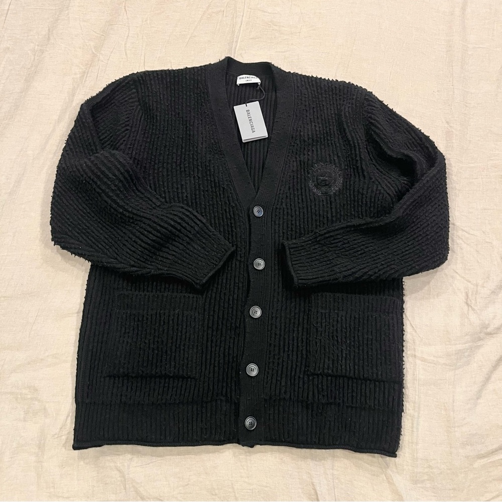 $2050 Balenciaga College Logo Heavy Wool Piled Knit Cardigan